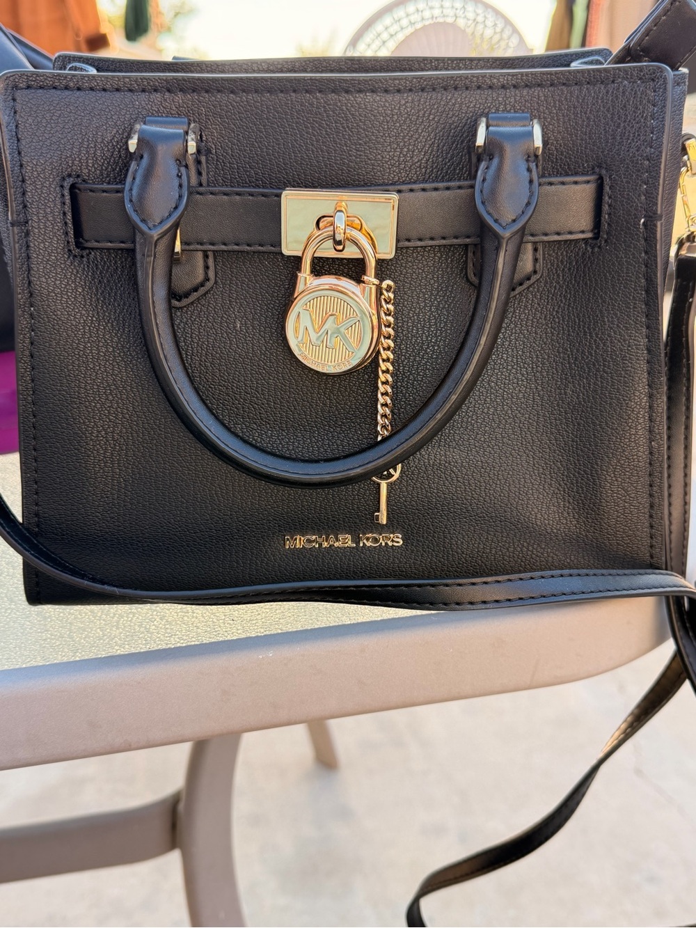 Michael Kors Hamilton Black Leather Satchel Crossbody Bag Lock & Key